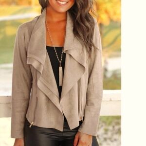 Umgee Womens L Moto Fall Jacket Mocha Brown Faux Suede Zip Up